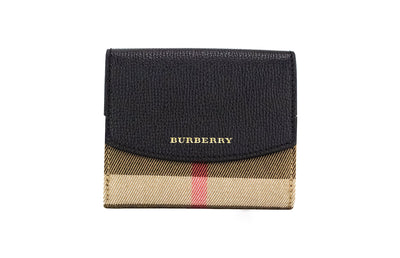Burberry Luna Black Grained Leather House Check Canvas Coin Pouch Snap Wallet Burberry