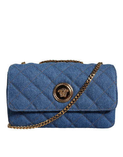 Versace Blue Quilted Denim Leather Crossbody Shoulder Bag Versace