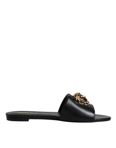 Versace Black Leather Logo Plaque Slip On Slides Flats Shoes Versace