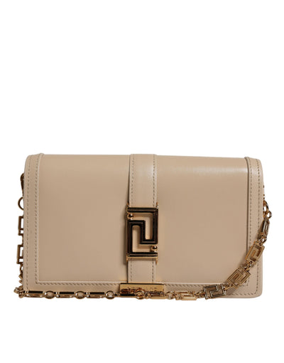 Versace Beige Gold Chain Calf Leather Wallet Crossbody Bag Versace
